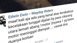 Contoh Info kecelakaan yang terjadi di jalan | Sumber facebook.com/maydayridersindonesia