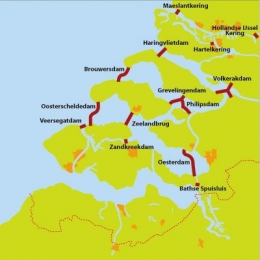 Garis merah menunjukkan tanggul yang dibuat menghubungkan satu pulau dengan pulau lainnya.| Sumber: http://www.zeeuwseankers.nl/public/nl-NL/verhaal/548/deltawerken-1