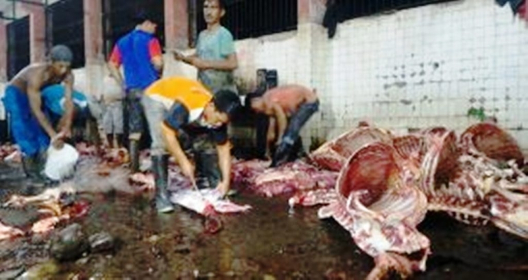 Pejagal memotong sapi di RPH Kota Makassar