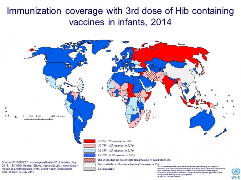 Cakupan vaksinasi Haemophilus influenza tipe B (Hib) dunia. Sumber:www.who.int