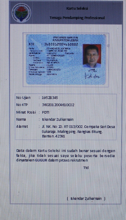 Kartu Seleksi Tenaga Pendamping Profesional, nomer Peserta 19528345 (dok.Pribadi)