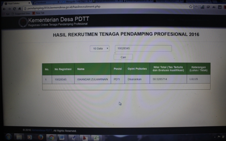 Hasil Psykotest dinyatakan LULUS dengan nilai 58.5285714, (dok.Pribadi)