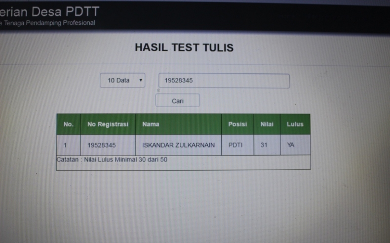 Hasil test tulis dinyatakan YA dengan nilai 31, nomer Peserta 19528345 (dok.Pribadi)