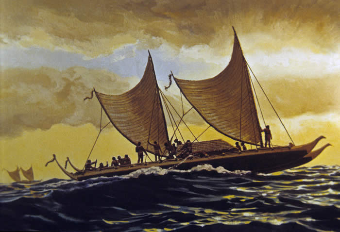 Dengan perahu sederhana nenek moyang orang polinesia menempuh perjalanan laut sampai ribuan kilometer. Sumber: samlow.com 