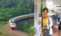 Keceriaan menaiki kereta ekonomi KA Patas Merak rute Jakarta-Merak. Selain pemandangan alam yang menyejukkan hati, dapat oleh-oleh pula. Foto: Maria Etha dan bryan_cc