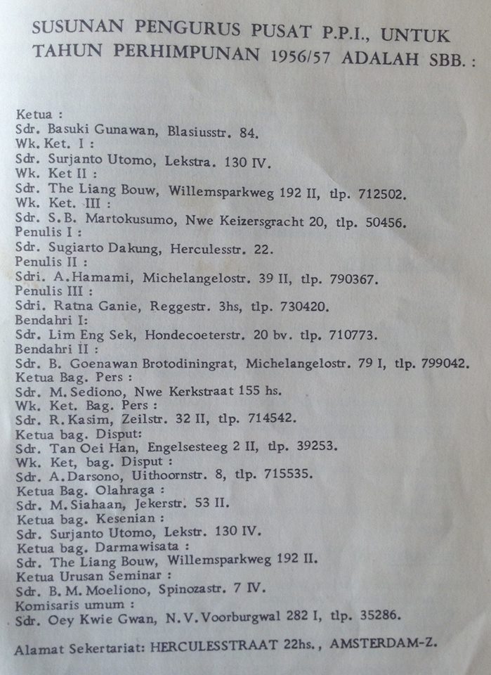 Gambar 3: Susunan Pengurus PPI Belanda periode kepengurusan 1956/1957. (Sumber: Ganeça, No. 1, Tahun ke-V, Desember 1956: 23).