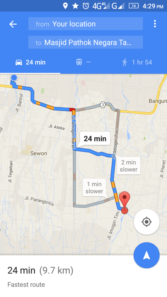 Rute menuju Masjid At Taqwa dari Masjid Dongkelan diakses menggunakan jaringan 4G (googlemaps)