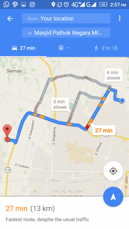 Koneksi cepat 4G membuat rute menuju Masjid Mlangi dari Masjid Plosokuning segera diketahui (googlemaps)
