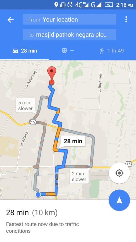 Rute menuju Masjid Plosokuning dari Masjid Ad Darojad segera diketahui melalui kecepatan jaringan 4G (googlemaps)