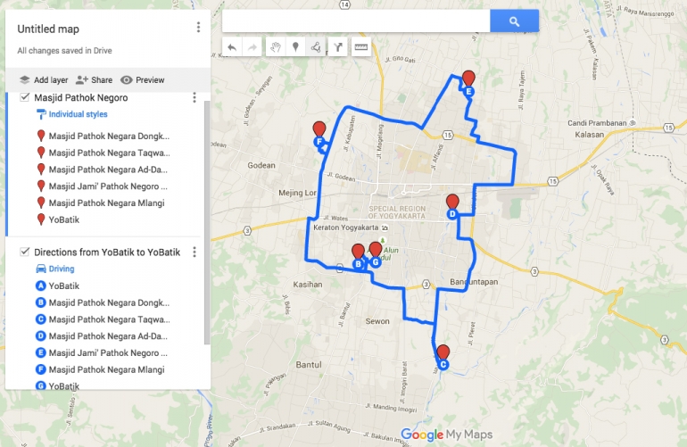 Rute jelajah masjid pathok negara dibuat dengan cermat menggunakan koneksi 4G (googlemaps)