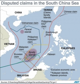 Wilayah yang di Kaliam China sebagai nine dash lines menjadi wilayah sengketa dengan berbagai negara di sekitarnya. Sumber: AFP