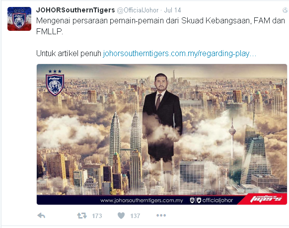 Selain di Facebook, Tunku Mahkota Johor (TMJ) juga jelaskan di Twitter.