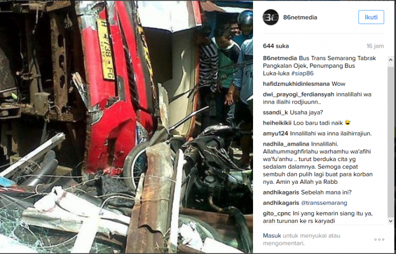 Sumber: http://instagram.com?/86netmedia Instagram 86 Net Media yang memberitakan BRT Trans Semarang yang mengalami Kecelakaan di Kagok, 17 Juli 2016