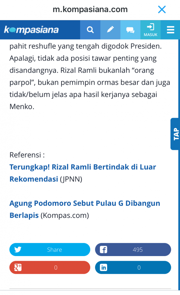 Artikel berujudl Reklamasi Pulau G Kembali Diteruskan, Rizal Ramli Terpojok tersebut telah disacre sebanyak 495 kali. (sumber : screen shot dennen smartphone)