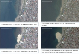 Rangkaian citra progres reklamasi di Teluk Palu, Kota Palu, Provinsi Sulawesi Tengah. Sumber: Google Earth