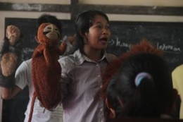 Puppet Show melalui media boneka, Yayasan Palung di SD 11 Senebing KKU, tentang satwa dilindungi, salah satunya adalah kelasi