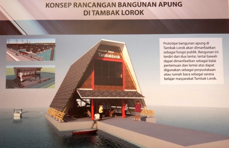 Konsep Rancangan Bangunan Apung dua lantai (lantai bawah ruang pertemuan dan lantai atas untuk perpustakaan atau taman baca). (Sumber: Balitbang Kementerian PUPR)