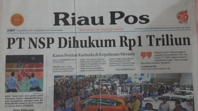 Headline surat kabar lokal tentang vonis perusahaan pembakaran hutan (dokpri)