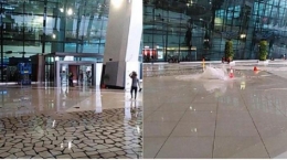 Terminal 3 New Bandara Soekarno-Hatta tergenang air, Minggu (14/8/2016). Pihak bandara mengatakan, genangan terjadi karena saluran air yang tersumbat saat hujan deras terjadi di daerah itu. (Tribunnews.com)