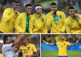 Ekpresi Neymar dan para pemain Brasil usai meraih emas Olimpiade Rio/gambar dari Dailymail.co.uk.