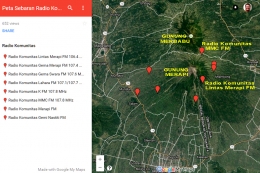 Peta sebaran 8 radio komunitas yang berada di sekitar Gunung Merbabu dan Gunung Merapi. Semuanya tergabung dalam JALIN MERAPI. (Foto: Jalin Merapi via Google Maps)