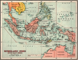 Wilayah New Guinea bagian barat diberikan warna yang sama dengan wilayah Hindia Belanda lainnya dan tidak ada garis pemisah di antaranya (Sumber gambar : www.etsy.com)