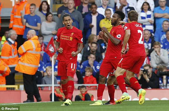 (Roberto Firmino rayakan gol pertama Liverpool kontra Leicester / dokumentasi foto www.dailymail.co.uk)