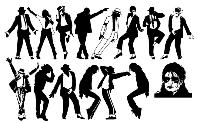Berbagai macam gerakan Micheal Jackson. Sumber gambar : http://freevectorsite.com/michael-jackson-dancing-silhouette-pack/