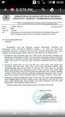 Surat edaran dari kemenkeu tentang pemberhentian penyaluran dana TPG.