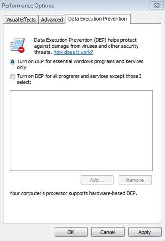 Turn on DEP for all programs and services except those I select (dokpri)