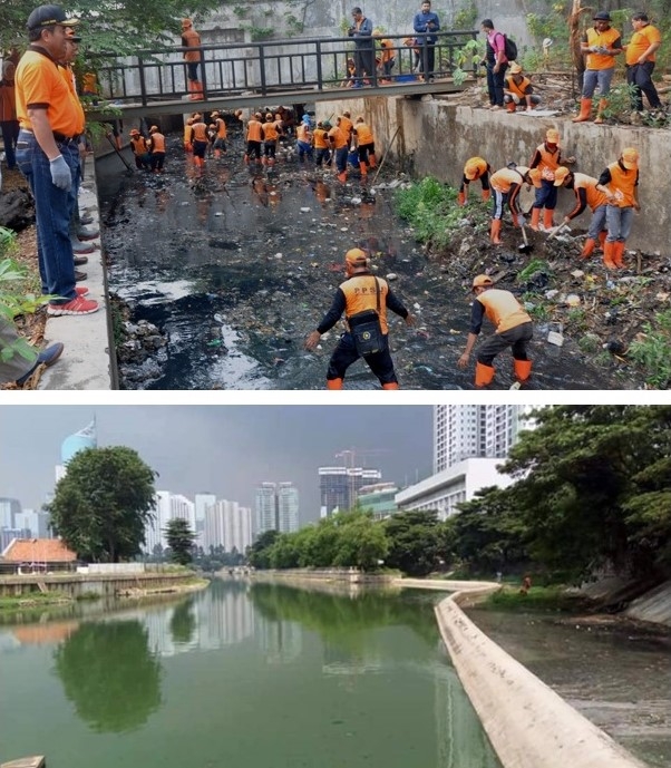 Pasukan oranye saat beraksi membersihkan sungai di Jakarta, dan sungai yang sudah bersih dan bening hasil kerja keras mereka (Indoheadlinenews.com)