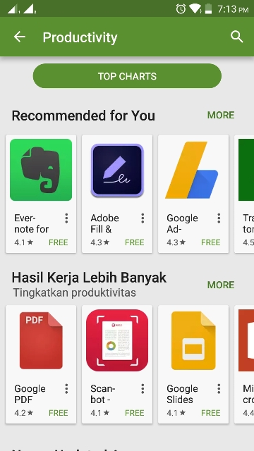 Aplikasi-aplikasi pendukung produktivitas di Play Store. (Sumber: screen capture dari ponsel sendiri; bukan comot dari karya orang)