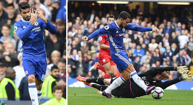Costa merayakan gol dan Hazard membobol gawang Leicester/Dailymail.co.uk