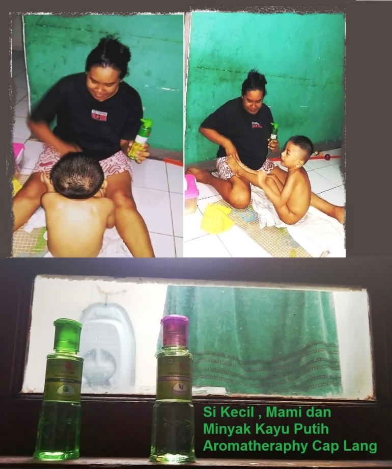 Suasana ceria saat Mami membalurkan Minyak Kayu Putih pada badan si Kecil Dylan, sesat setelah mandi sebelum Dylan berpakaian (dok. pribadi)