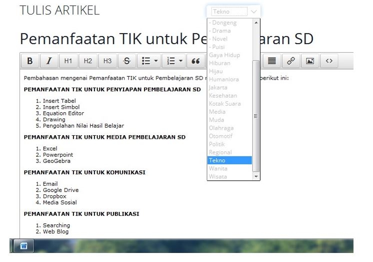 Gambar 33. Pemilihan Kategori Artikel padahttp://kompasiana.com