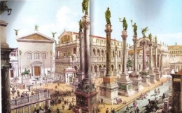 Sketsa arsitektur kehidupan ritual pemerintahan kota Romawi kuno, dengan kuil2nya untuk pemujaan dewa2 mereka (www.biblequeerchuchinfo.com)