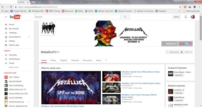 Channel Youtube Metallica. (Dokumentasi pribadi, screen capture)