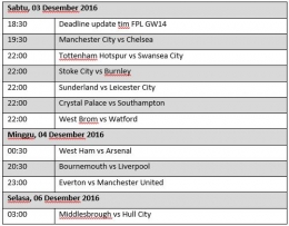 Jadwal Pertandingan Liga Primer Inggris Gameweek14
