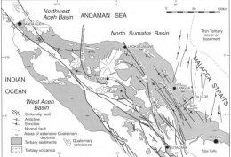 Gambar 1. Peta seismotektonik wilayah Aceh yang mengambarkan beberapa kelurusan sesar (sumber. Sumatra: Geology, Resources and Tectonic Evolution oleh Barber & Crow, tahun 2005)