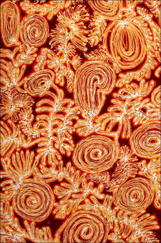 Kreasi batik Aborigin berbahan sutra karya wanita masyarakat Utopia. Sumber: www.lewispaul.com