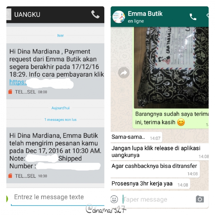 Konfirmasi pengiriman barang yang dipesan via notifikasi SMS (kiri), dan reminder dari Emma Butik mengenai cashback (kanan). (foto: dokpri)