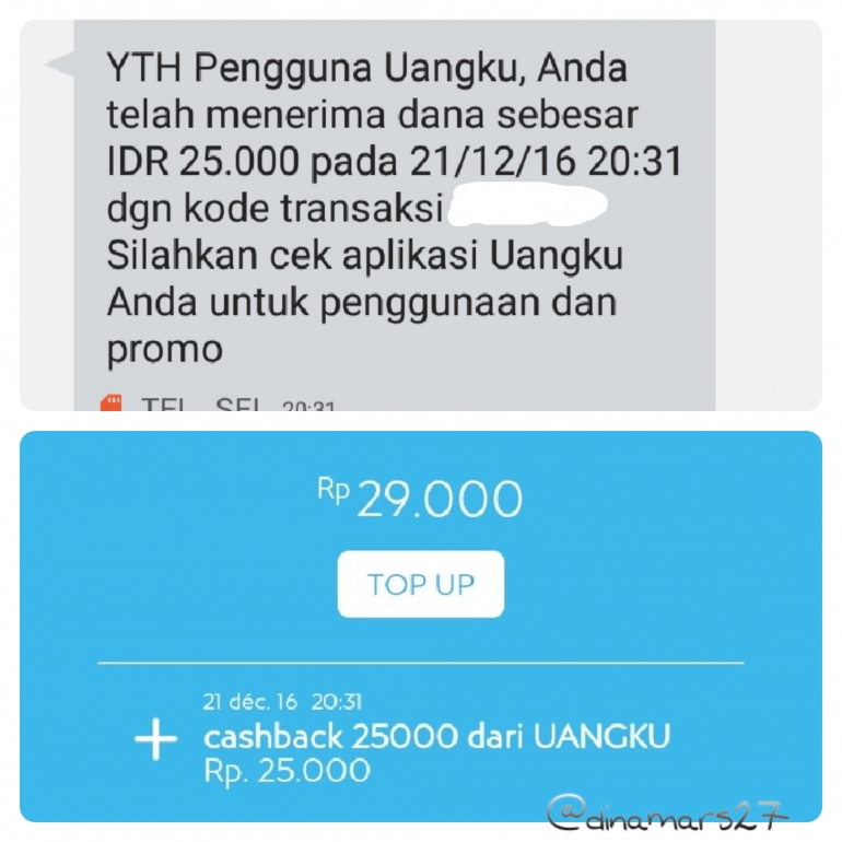 Konfirmasi terima cashback dari UANGKU, baik via notifikasi SMS maupun via aplikasi UANGKU. (foto: dokpri)