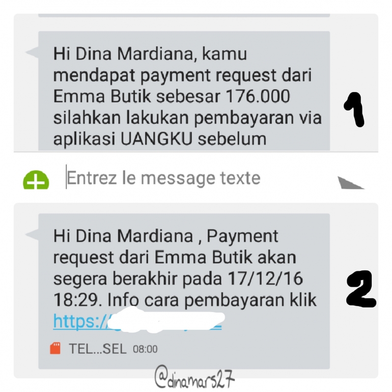Payment request dari Emma Butik juga dikirimkan via notifikasi SMS. (foto: dokpri)