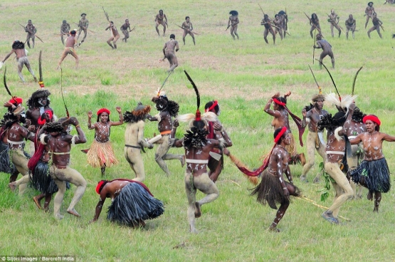 5. Waktu Pesta: Orang Tribal Papua berpartisipasi dalam tarian perang Papua selama pesta Bakar Batu. Upacara ini biasanya diadakan di lapangan besar ketika itu adalah ungkapan rasa syukur atau simbol perdamaian (www.dailymail.co).