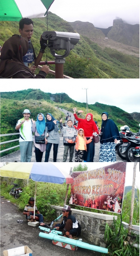 Berbagai aktivitas di sekitar puncak Kelud: teropong (atas), layanan foto (tengah), musik bambu (bawah) (koleksi pribadi)