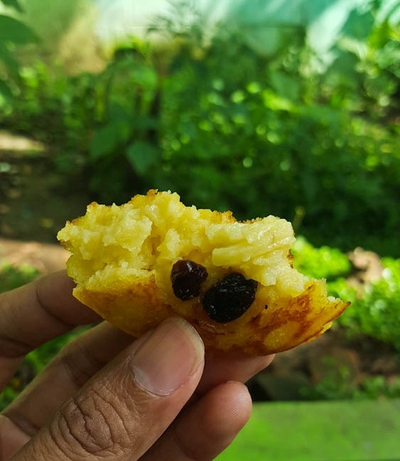 Lumpur Kentang Wolak-Walik dengan toping kismis. Rasanya manis dan harum, tekstur kering di bagian luar berpadu dengan bagian dalamnya yang lembut dan lumer (dok. pribadi).