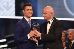 Ronaldo menerima trofi Pemain Terbaik FIFA 2016 dari Presiden FIFA Gianni Infantino/dailymail.co.uk