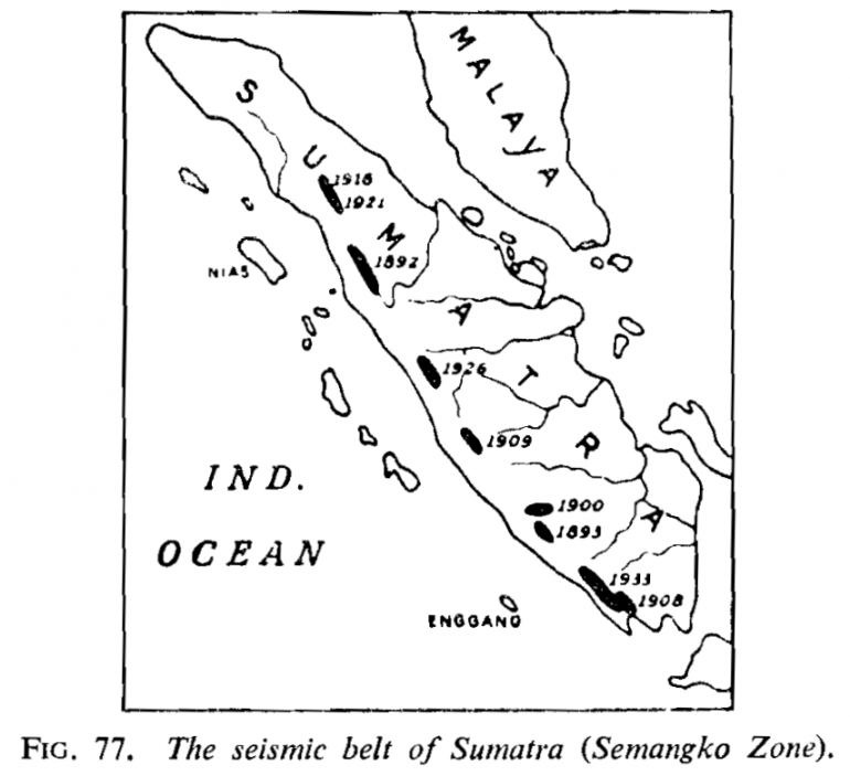 Gambar 3. Peta sebaran kejadian gempa bumi di Sumatra tahun 1892-1933 (Van Bemmelen1949)