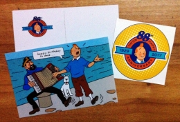 Kartu pos dan sticker cetakan terbatas untuk memperingati 88 tahun Tintin. (Foto: KTI)