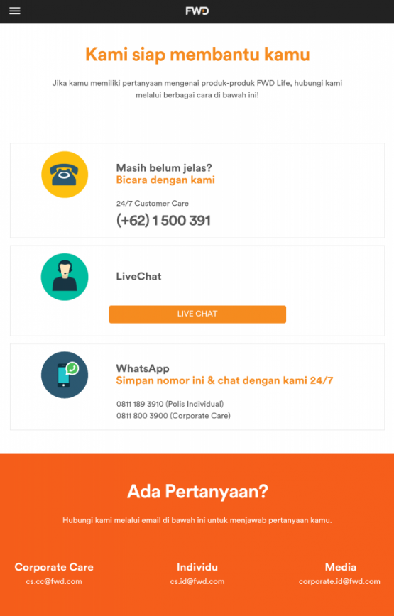 Info kontak FWD Life Indonesia (dok:www.fwd.co.id).